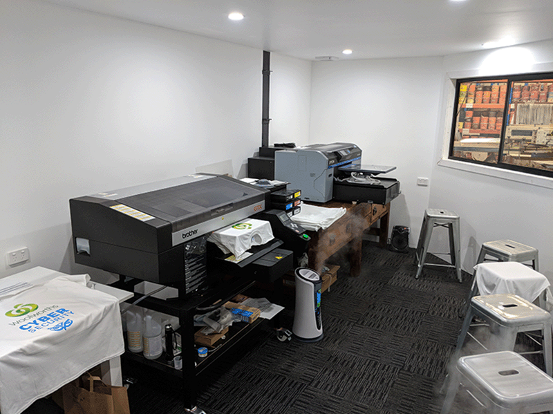 Photo of our dedicated climate controlled digital t shirt printing room
