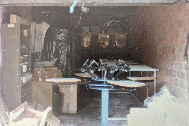 Where it all began. This photo was taken in late September 1983 and is of the Dee Why garage I began my screen printing journey. In the foreground, my first 4 colour screen print carousel