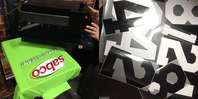 Two photos side by side left is a vinyl transfer being heat pressed onto a green polo shirt. Right is a selection of sports number transfers