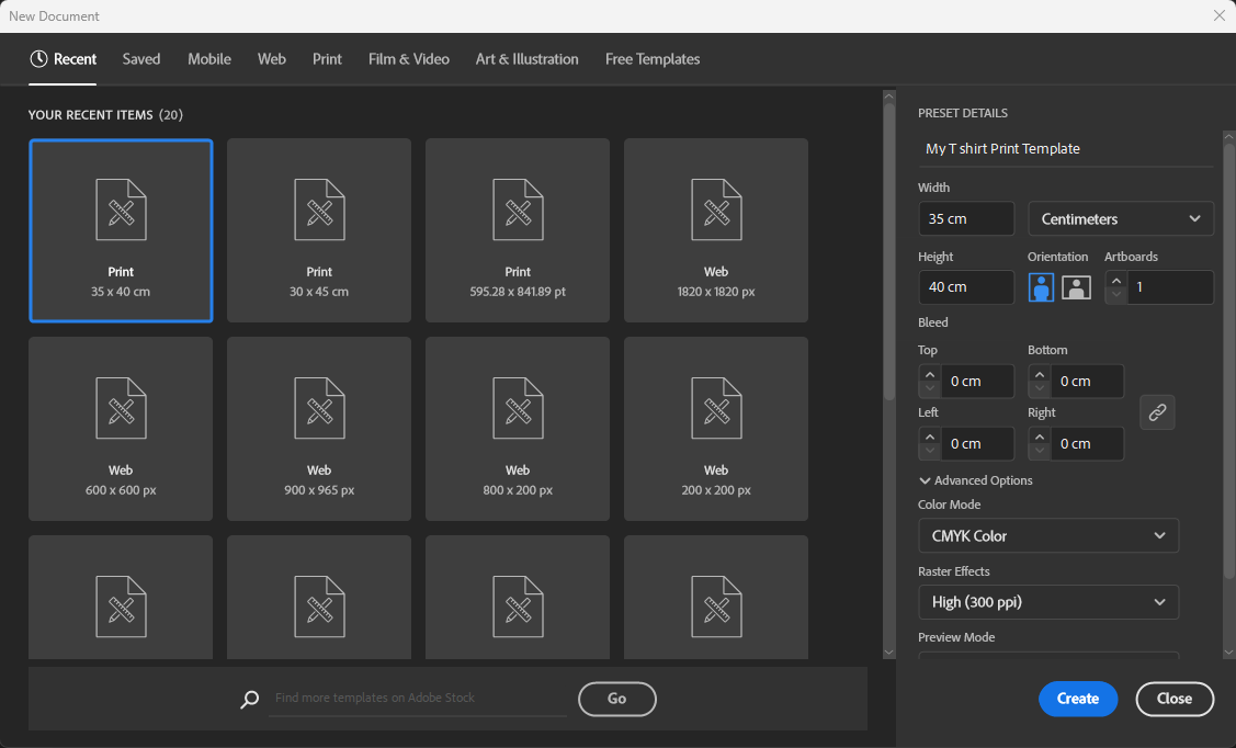 Snap shot of setting up an Adobe Illustrator file template for t shirt printing
